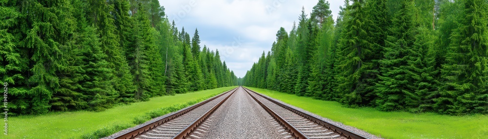Fototapeta premium Tranquil Railway Track Through Lush Green Forest Landscape