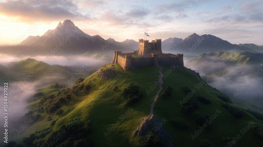 Majestic castle on misty hill with mountain views at sunrise Majestic castle on misty hill with mountain views at sunrise