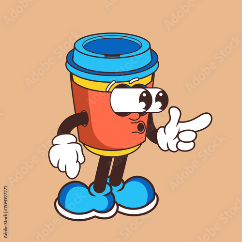 Retro character design of coffee cup suprised