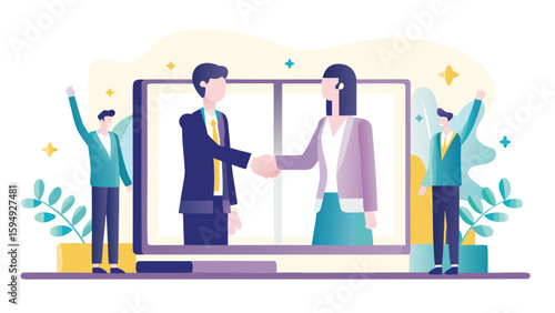 Illustration of business partners shaking hands on a screen with cheering colleagues nearby online deal
