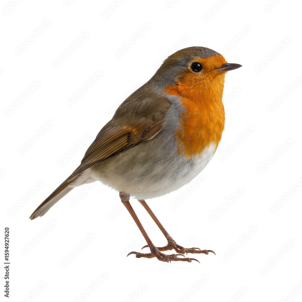 Fototapeta premium A vibrant adult european robin with orange-red breast and greyish-brown upper parts, standing upright and looking right against a plain white background with no shadows, pristine nature documentation