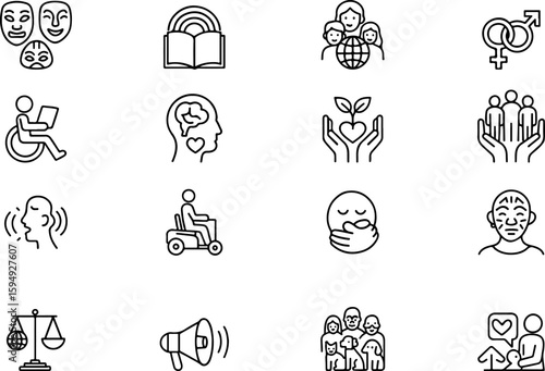 Diverse collection of hand drawn icons representing social issues human rights and community support with a focus on inclusivity and equality