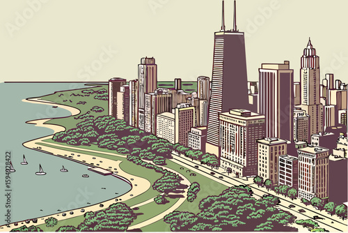 Chicago skyline aerial drone view from above, lake Michigan and city of Chicago downtown skyscrapers cityscape from Lincoln park, Illinois, USA