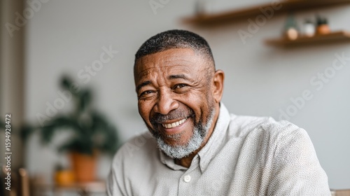 Smiling Portrait: A mature man with a salt-and-pepper beard and short haircut, radiating joy in a relaxed indoor setting, captured with a warm, inviting expression.