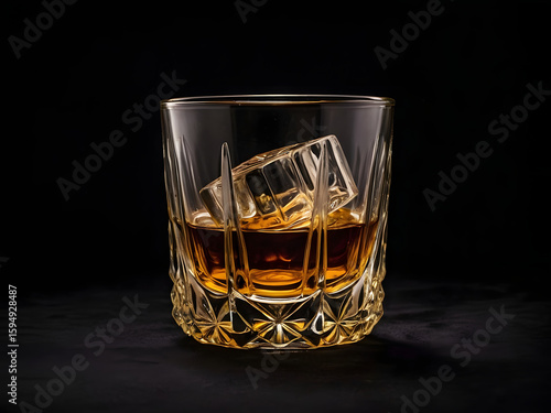 Whiskey and Ice: A transparent crystal glass with a rich amber whiskey is beautifully presented with an ice cube, against a stark, moody background.