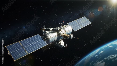 A satellite with solar panels orbiting earth in the vast expanse of space view