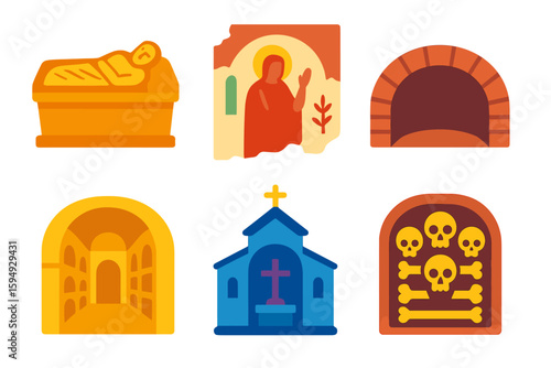 Illustrated icons of tomb, fresco, archway, crypt, church, and ossuary