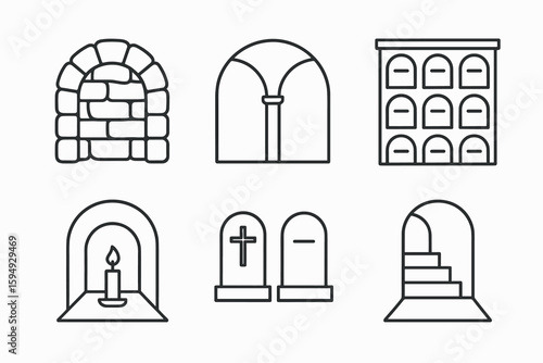 Minimalist graveyard icons set - tombstones, arched entrances, mausoleum