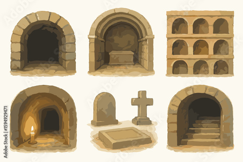 Ancient tombs and catacombs with stone arches and graves
