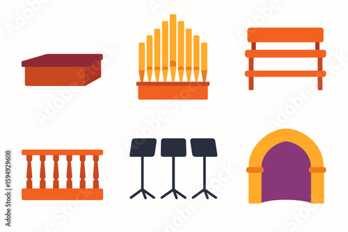 Church interior elements: organ, bench, music stands, altar symbols