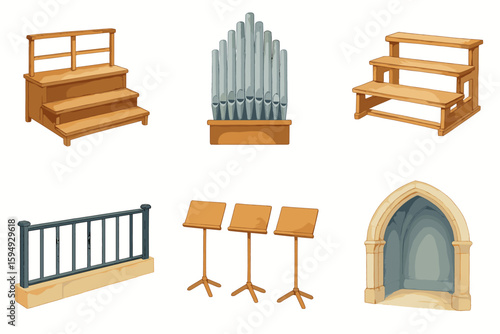 Wooden steps, pipe organ, music stands, gothic arch, railing collection