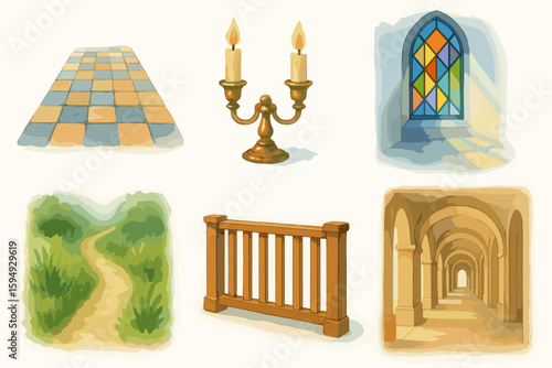 Medieval architecture elements: checkerboard floor, candelabra, stained glass, garden path, wooden fence, stone archway