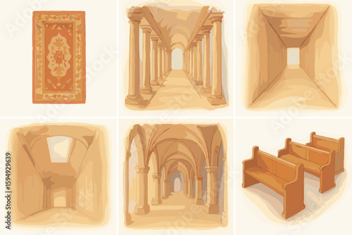 Watercolor architectural elements and furniture with columns and arches