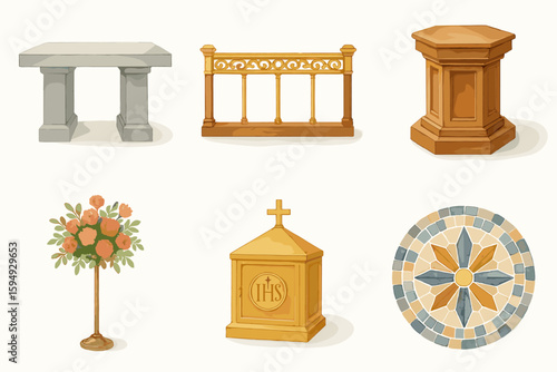 Six church items: altar, rail, pulpit, floral, tabernacle, stained glass