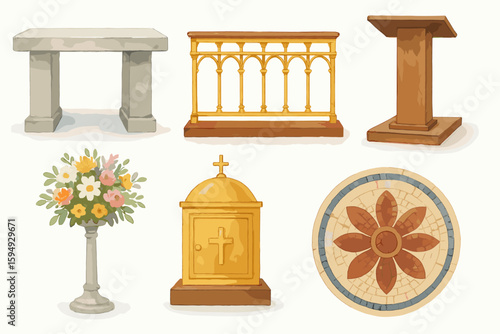 Church objects set: altar, rail, pulpit, flowers, tabernacle, mosaic