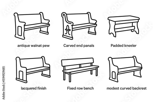 Collection of church furniture line drawings: pew, kneeler, bench