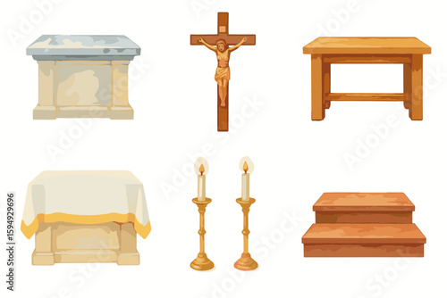 Religious altar items collection with crucifix, candles, and furniture