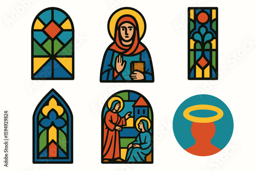 Stained glass icons and religious symbols with saints and halos