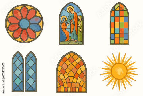 Stained glass windows and sun design with geometric patterns and religious scene