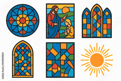 Colorful stained glass art with religious and geometric designs