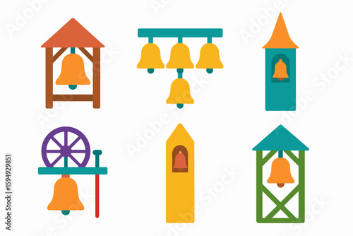 Colorful bell icons set in various structures and shapes