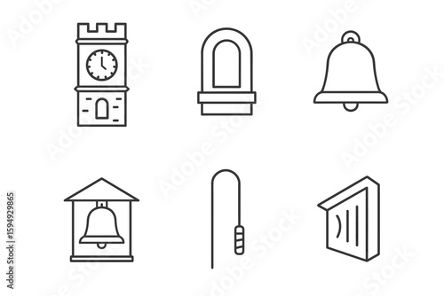 Minimalist clock tower bell icons set