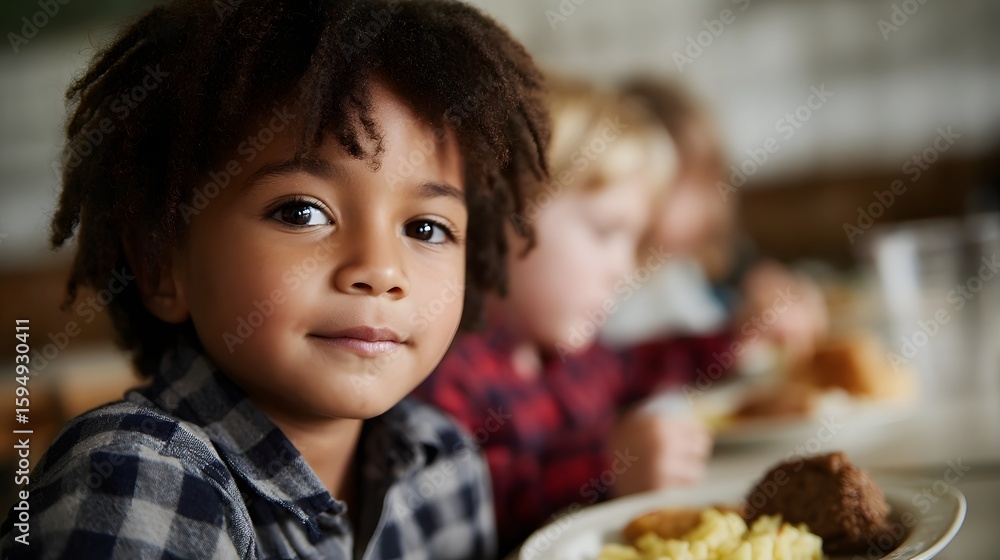 A young boy eats lunch with his peers in a school cafeteria long title A young student with dark hair and a plaid shirt eats a meal with other A young boy eats lunch with his peers in a school cafeteria long title A young student with dark hair and a plaid shirt eats a meal with other