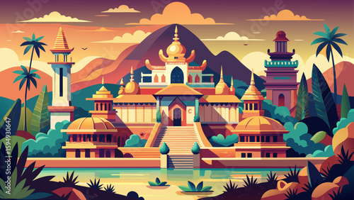 Vientiane, Laos – Tranquil riverside temples and colonial buildings define this calm capital. A soft-toned vector composition rich in Buddhist serenity