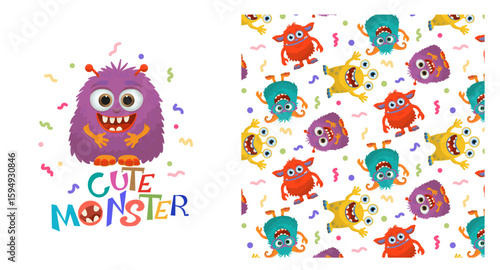 Colorful monster vector illustration featuring a playful, furry creature with big eyes and a happy expression. Accompanying pattern includes various vibrant monsters for fun designs.