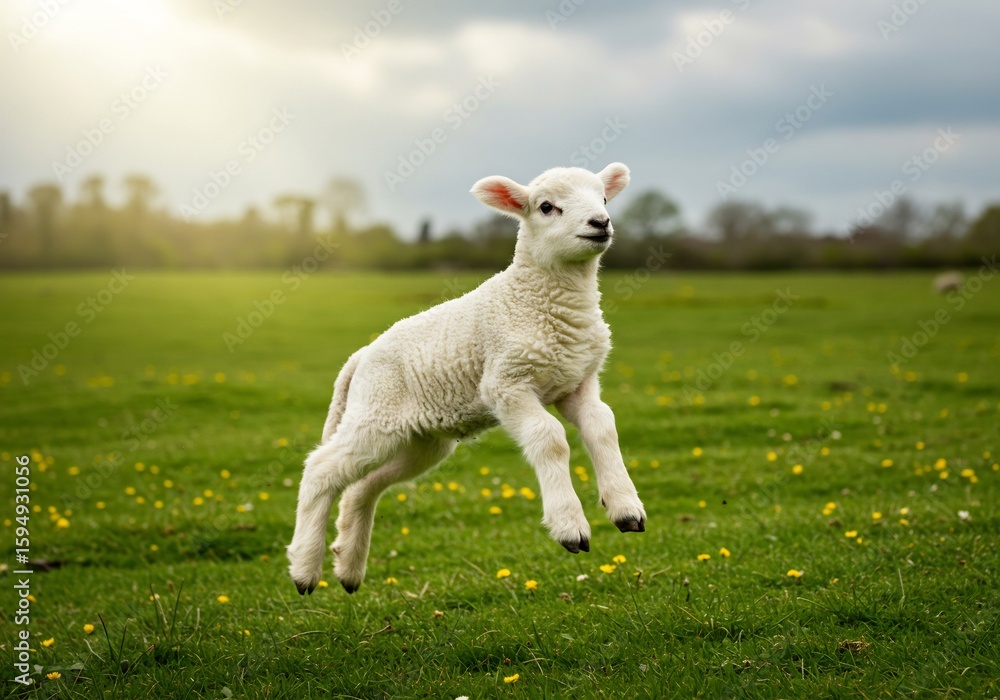 Fototapeta premium 春の陽光浴びて小羊跳躍 緑草原