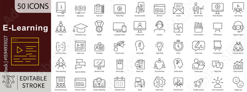 E-Learning Line Icons Set with Editable Stroke for Online Education, Digital Training, and Remote Study