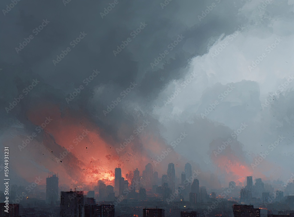 Obraz premium A city skyline in the background, with smoke and fire rising from the buildings and dark clouds overhead. In the foreground, an explosion engulfs part of one of the buildings. The scene conveys a 