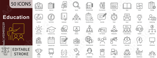Education Line Icons Set with Editable Stroke for Learning, School, Academic, and Knowledge Management