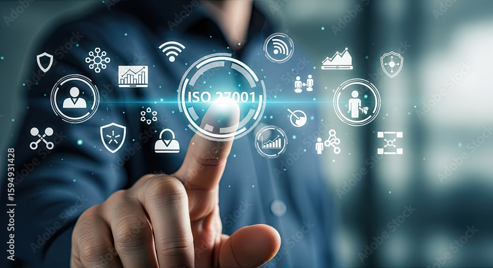 Fototapeta premium ISO 27001 Compliance Concept: Businessman Touching Digital Screen with Information Security Standard Icons for Business Strategy and Data Protection
