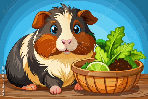 vector of Brown and black guinea pig with fresh lettuce in wooden bowl, small pet eating green salad on table. The guinea pig enjoys his delicious and healthy fresh food.