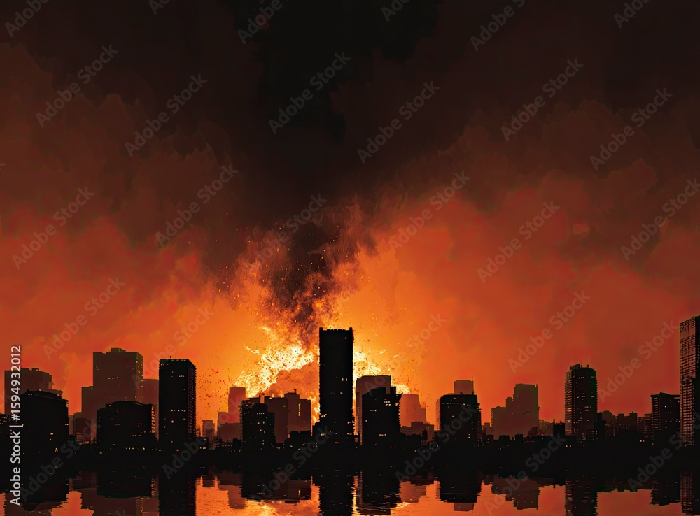 Naklejka premium A city skyline with buildings on fire and dark clouds in the sky, depicting destruction from an earthquake or natural disaster. The background is a gradient of black to brown, creating a dramatic effe