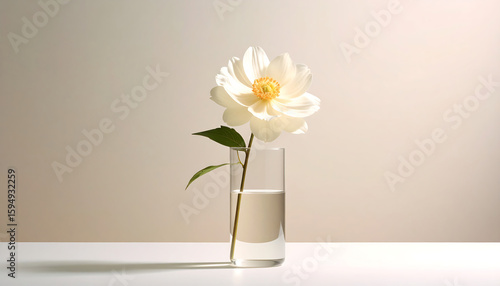 Minimalist still life, a clear glass vase with one delicate flower