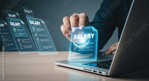 Salary Negotiation Concept: Businessman Reviewing Digital Payslip on Laptop, Planning Financial Strategy for Income Growth and Career Advancement