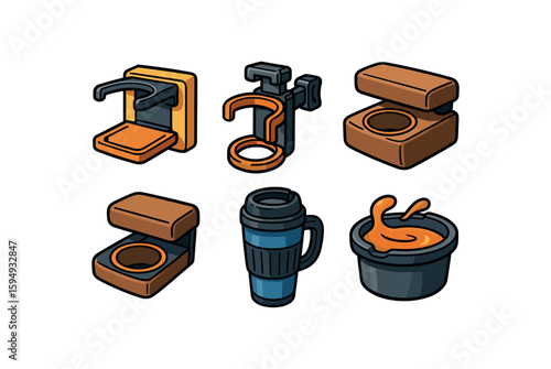 Set of illustrated coffee cup holders and mugs in various designs