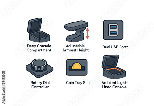 Car interior features overview: console, armrest, usb ports, dial, coin slot, ambient light