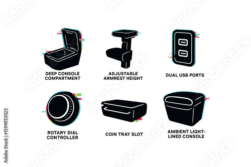 Car interior accessories: storage bin, cup holder, gear shifter, armrest lid, phone dock