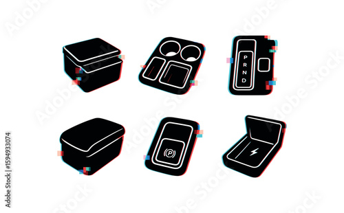 Car infotainment icons: android auto, rear seat, split-screen, wireless, surround sound, touch controls
