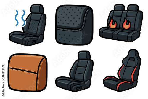 Car seat types illustration: ventilated, perforated, heated, premium, adjustable, sport