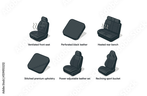 Car seat types and features illustration with ventilation, heating, leather, and adjustments