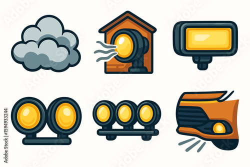 Car lights and accessories collection: illustration set