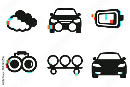 Glitch effect car lights icons collection