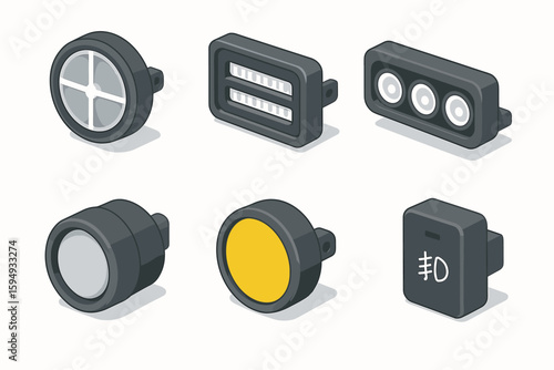 Illustrated collection of headlight icons with yellow and gray color scheme