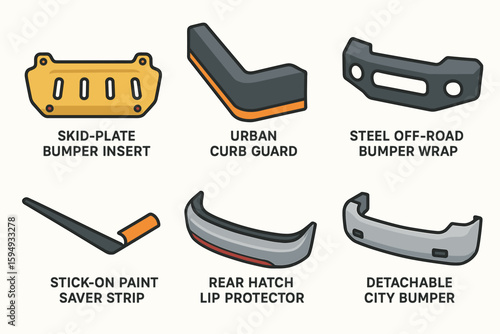 Car bumper accessories collection - skid-plate, curb guard, off-road wrap, paint saver, lip protector