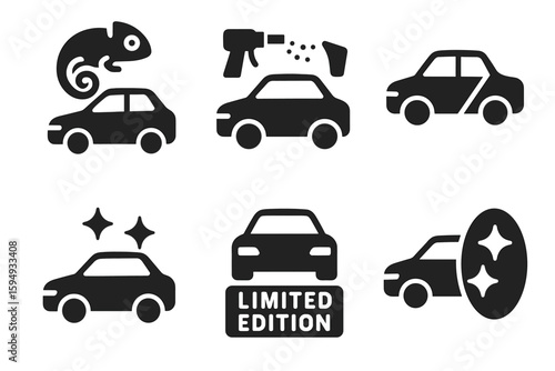 Car detailing icons: chameleon, spray bottle, polish, limited edition
