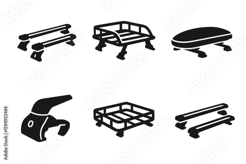 Set of black silhouette car accessories: roof racks, cargo carriers, bike racks